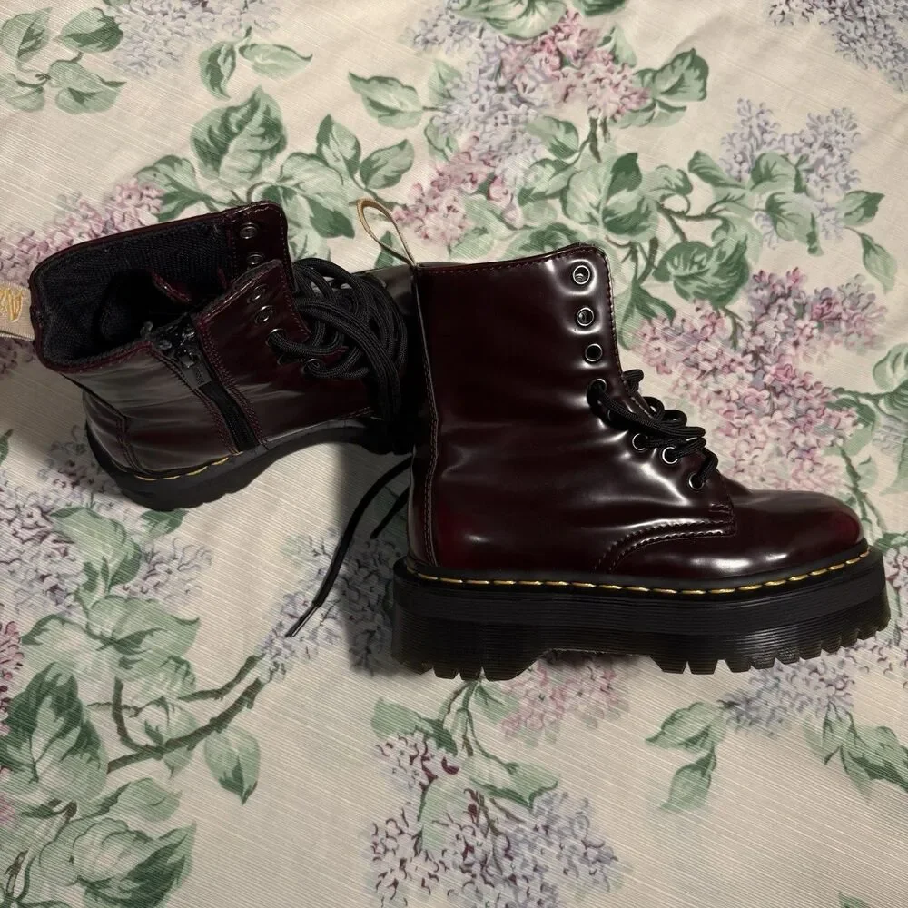 Dr. Martens Burgundy Leather Combat Ankle Boots Lace-Up Side Zip Round Toe